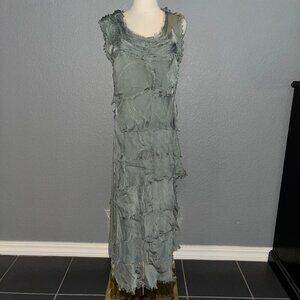 KARAMEL Made in ITALY 100% Silk Sheer Tiered Fringed Maxi Dress  - Seafoam - S